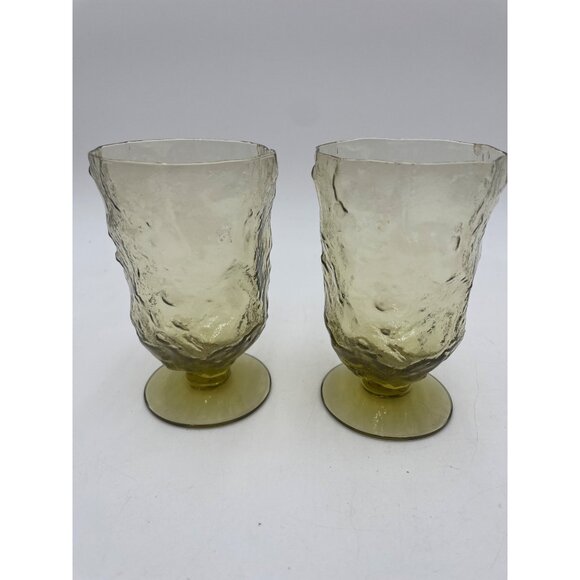 Set Of 2 Vintage Textured Morgantown Crinkle Green Yellow Glass Goblets/Footed T - Picture 1 of 3